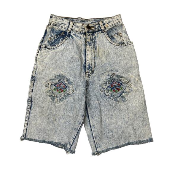 Vintage 90s High Waisted Embroidered Distressed Fray Hem Jean Shorts Girls 10 - Picture 1 of 9